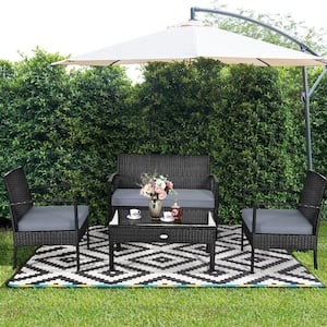4-Pieces Wicker Patio Conversation Set Coffee Table Sofa with Gray Cushions