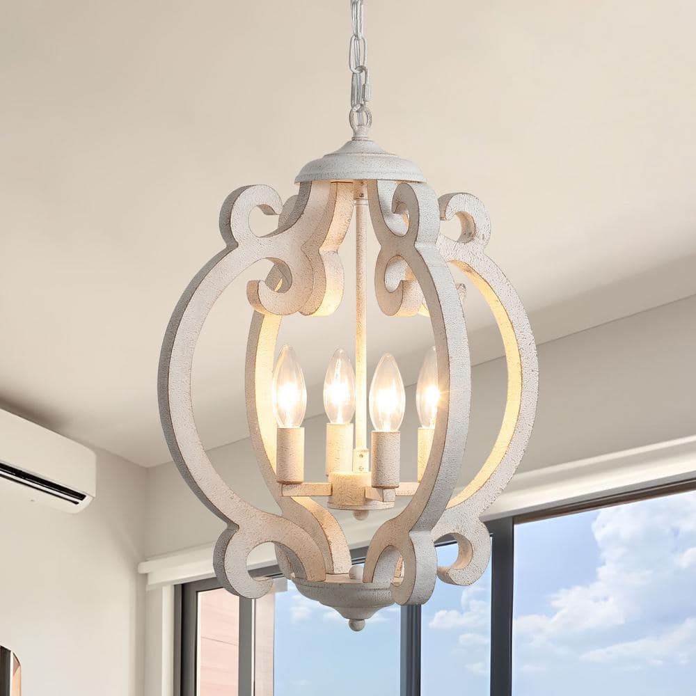 White Distressed Wood French Country Chandelier with Metal Details