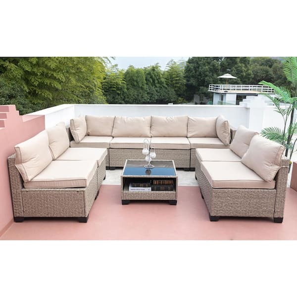 Unbranded 9-Piece Wicker Outdoor Patio Furniture Sectional Sofa Reception Set with Waterproof Beige Thick Cushions