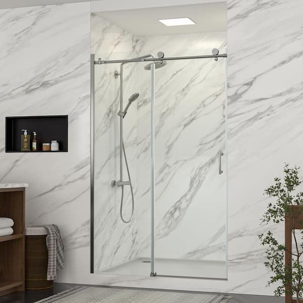 LORDEAR Brushed Silver 48 in. to 48-4/5 in. W x 76 in. H Semi-frameless Single Sliding Shower Door