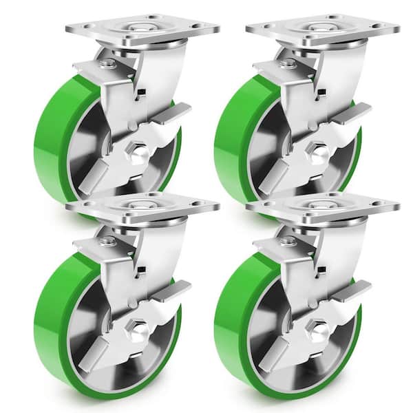 4-Pack Industrial 6 in. Aluminum Core Polyurethane Swivel Casters with Brake Heavy Duty 5000 lb. Load
