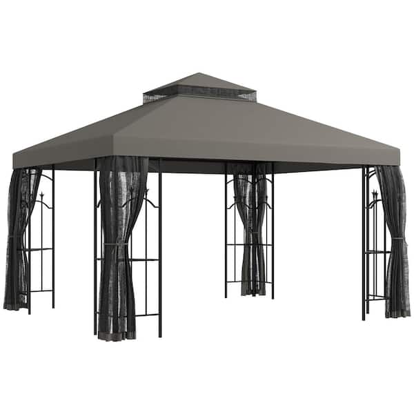 Outsunny 10 ft. x 12 ft. Gray Patio Gazebo with Corner Frame Shelves, Double Roof Outdoor Canopy Shelter with Netting