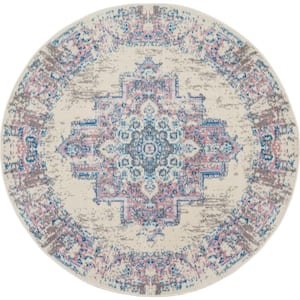 Grafix Ivory/Pink 4 ft. x 4 ft. Persian Medallion Transitional Round Rug