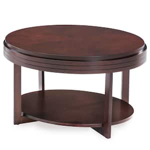 33 in. Chocolate Cherry Oval Wood Top Coffee Table with Shelf