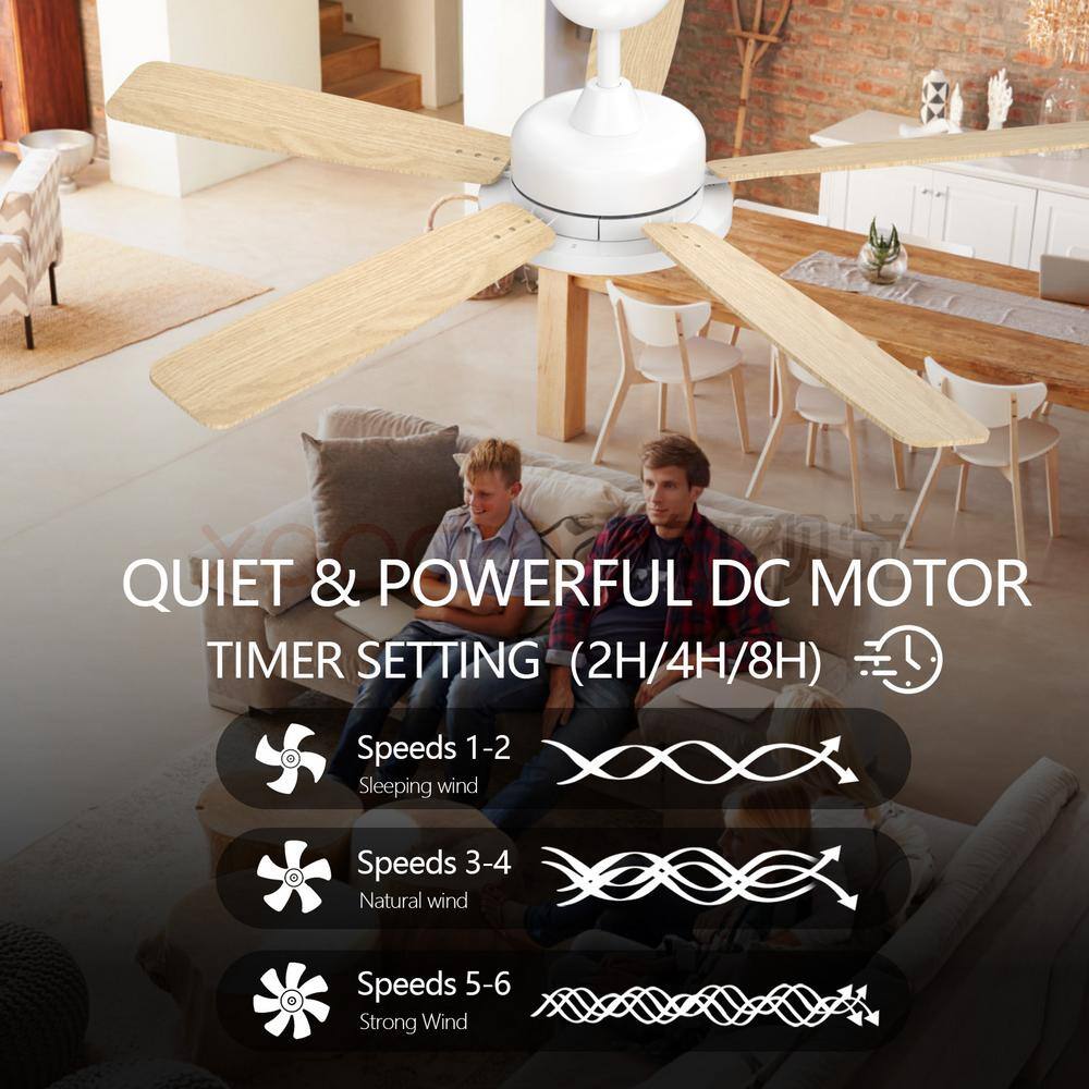 52-Inch White and Light Brown Smart Ceiling Fan with LED Light and Remote