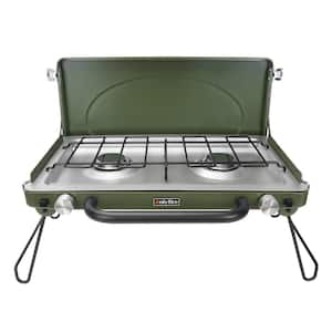 2-Burner Portable Propane Gas Grill Griddle Camp Stove in Green with Foldable Legs, Heavy-Duty Latch & Handle