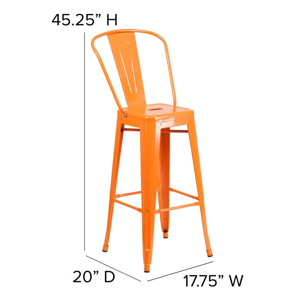 Bright Orange Metal 30" High Indoor-Outdoor Barstool with Slat Back