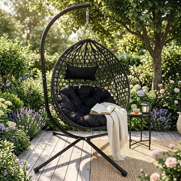 1-Person Wicker Foldable Hanging Egg Chair with Black Stand and Black Cushion