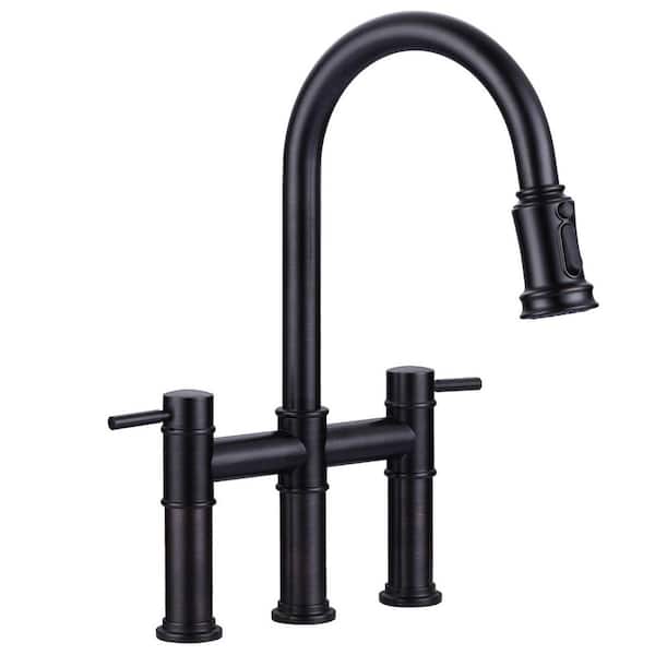 Double Handle Pull-Down High Arc Bridge Kitchen Faucet with Stainless Steel in Oil Rubbed Bronze