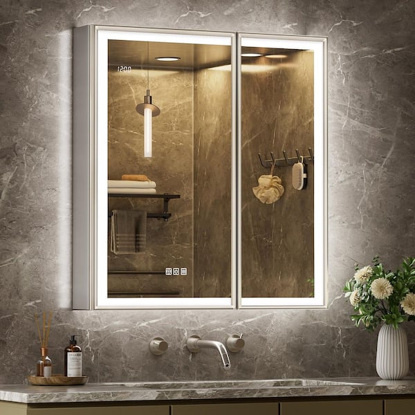 Nova 30 in. W x 32 in. H Rectangular Aluminum Recessed/Wall Mount Dimmable Fogless Lighted Medicine Cabinet with Mirror