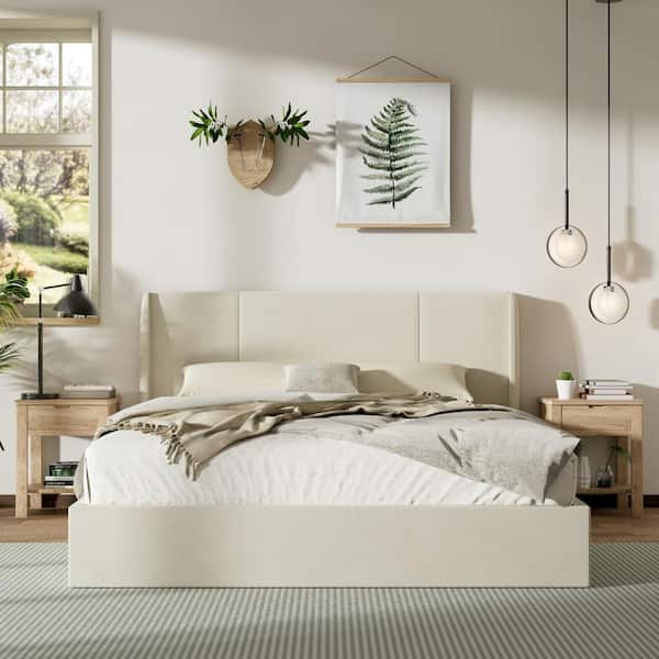Ahokua White Frame Full Size Wingback Upholstered Platform Bed with Lift up Storage Supported by Metal and Wooden Slats BH6 WBST W F The Home Depot