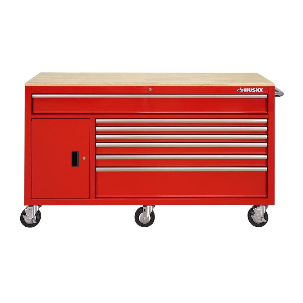 Husky 61 in. W x 22.1 in D Standard Duty 7-Drawer 1-Door Mobile Workbench Tool Chest with Solid Wood Top in Gloss Red, Gloss Red with Silver Trim -  HOTC6107B21M