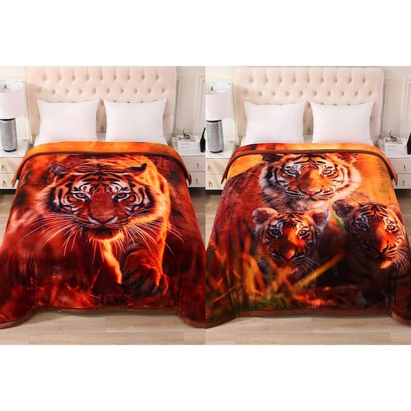 Tiger 3-Ply Reversible Polyester Fleece Blanket for Winter 85 in. x 93 in. 8 lbs.