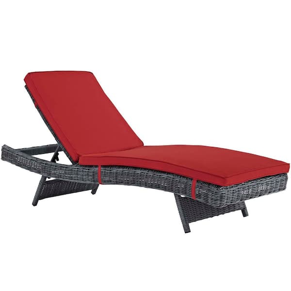 Summon Gray Wicker Rattan Outdoor Chaise Lounge with Sunbrella Red Cushions