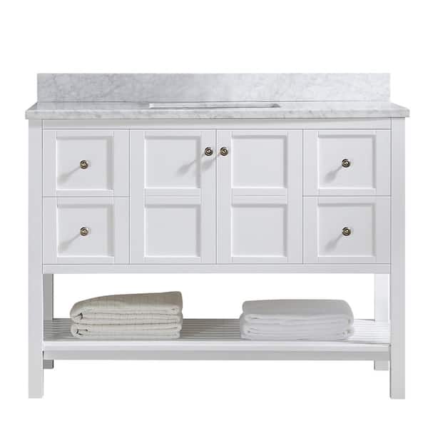 PROOX 48 in. W Bath Vanity in White with Carrara Marble Top with White Basin