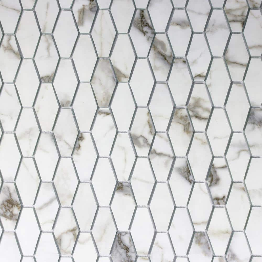 Art Deco Designs Bianco Carrara Hexagon Mosaic 12 in. x 12 in. Marble Look Glass Decorative Wall Tile (1 sq. ft./Sheet) -  ABOLOS, AHMMSCEHE-BC