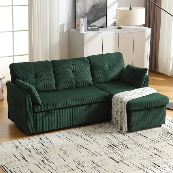 HOMEFUN Modern Emerald Velvet Upholstered L-Shaped Pull Out Sectional Sofa with Storage Chaise and Pillows