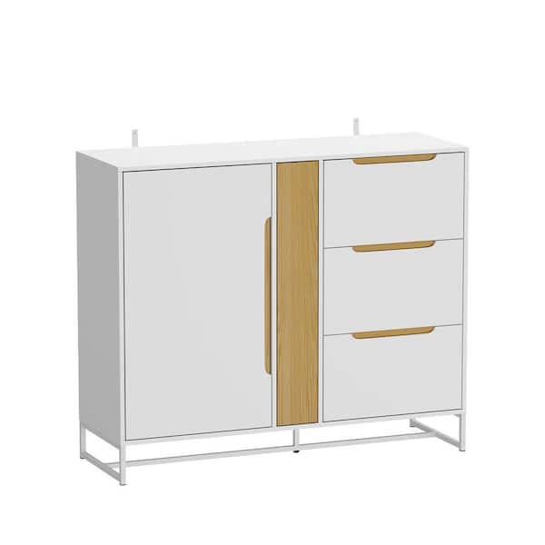 FUFU&GAGA White Wooden 47.2 in. Width Sideboard, Food Pantry, Storage Cabinet with 4-Drawers, Glass Rack and 3-Shelves