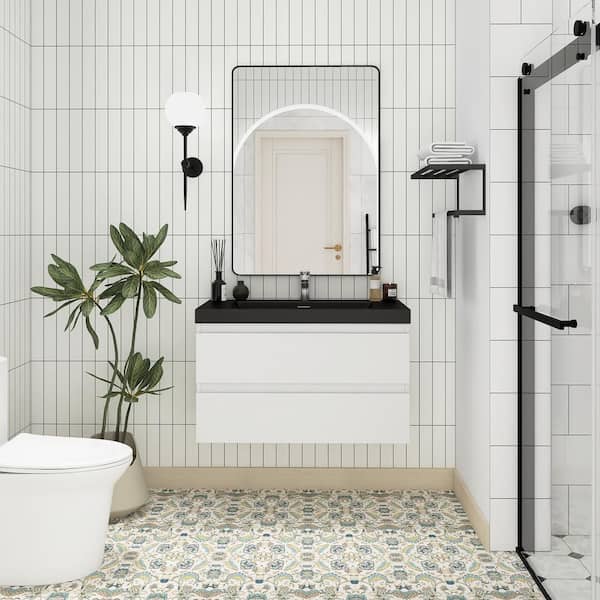 Boosicavelly 36 in. W x 19.5 in. D x 22.5 in. H Single Sink Wall-Mounted Bath Vanity in White with Black Resin Top