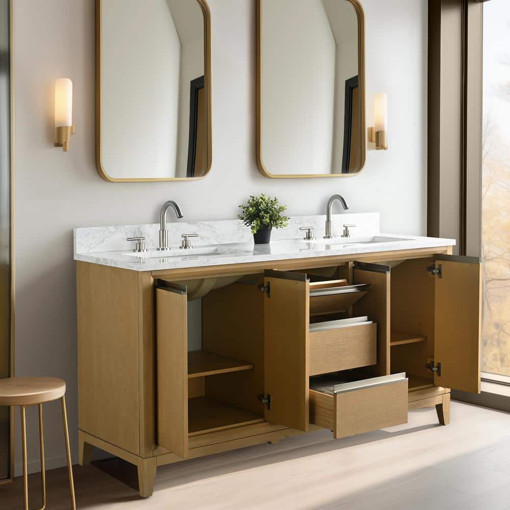60" Natural Oak Double Sink Bathroom Vanity with Engineered Marble Top