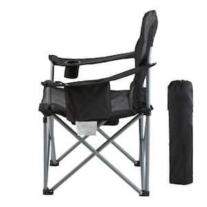 Camping Folding Chair for Adults Portable Heavy Duty Lumbar Back Chair with Side Pockets and Cooler Bag, Black