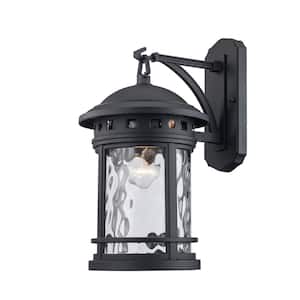 Boardwalk 16.25 in. 1-Light Black Outdoor Wall Light Fixture with Clear Water Glass
