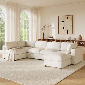 129 in. Chenille 6-Seat Modular Sectional Sofa with Ottoman, Free Combination Convertible Sleeper Sofa in White Beige