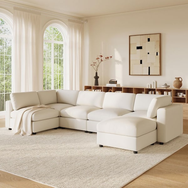 129 in. Chenille 6-Seat Modular Sectional Sofa with Ottoman, Free Combination Convertible Sleeper Sofa in. White
