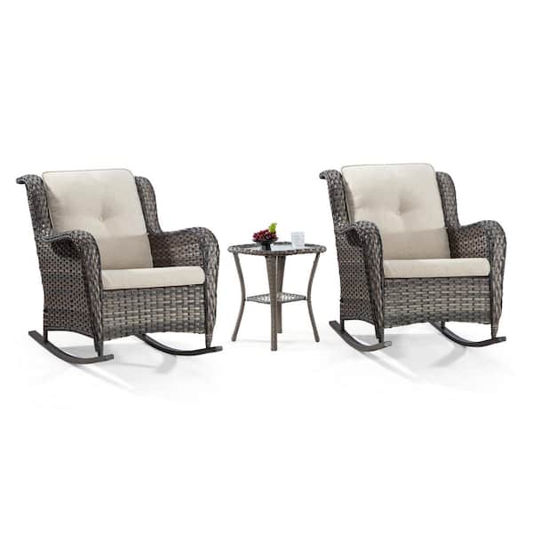 Unbranded 3-Piece Wicker Outdoor Rocking Chair Set of 2 and Matching Side Table with Premium Beige Fabric Cushions