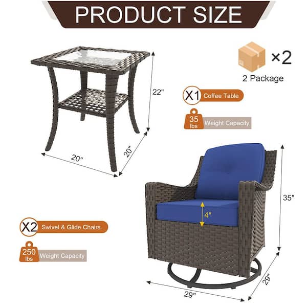Swivel Wicker Outdoor Lounge Chair with Blue Cushions (3-Pack)