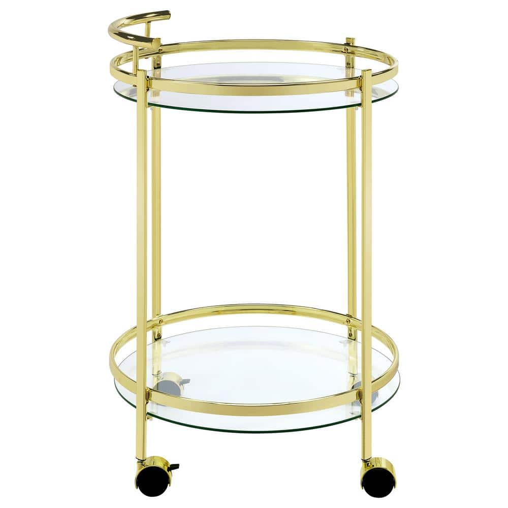 Luxe Modern 31" Gold Metal and Glass Round Bar Cart with Lockable Casters