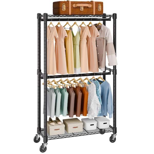 Heavy Duty Clothes Rack, Double Hanging Rods Clothing Garment Rack with Bottom, Storage Tier, Hold Up to 300lbs. Black