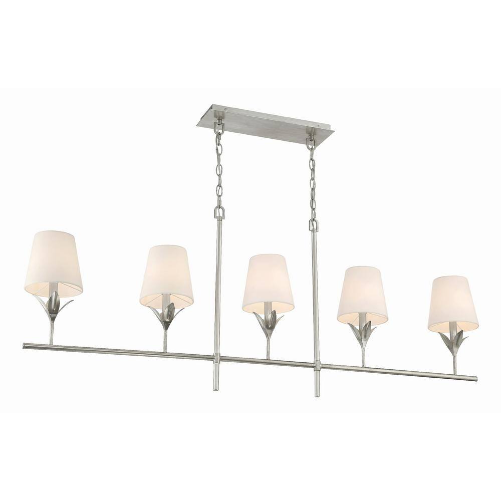 Antique Silver 5-Light Chandelier with White Silk Shades