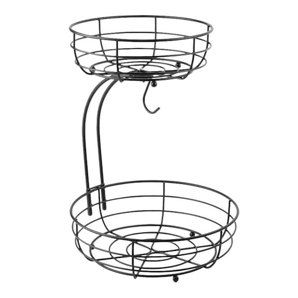 AULEDIO 1-Piece 2-Tier Metal Fruit Basket Detachable Vegetable Bowl with Banana Hanger, Black