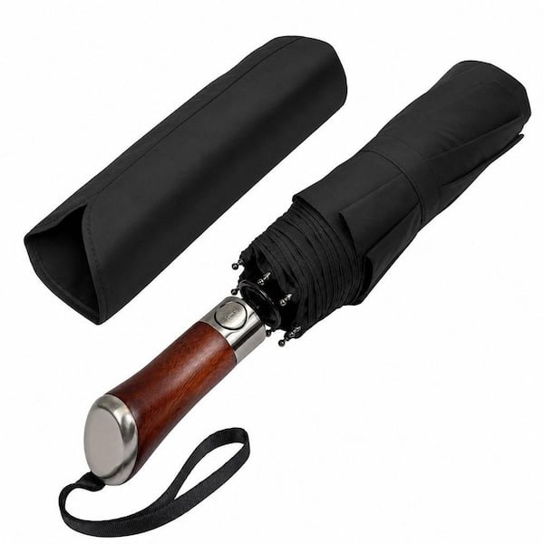 Auto‑Open Close Folding Umbrella, Travel Umbrella, Black, Windproof Fiberglass Frame Umbrella for Daily Commute