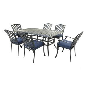 Shakman 7-Piece Aluminum Patio Rectangular Table 68 in. D Outdoor Dining Set with Blue Cushion for Yard