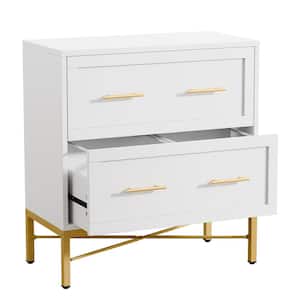 Atencio 2-Drawer White Wood 32 in. W Lateral File Cabinet, Modern Gold Filing Cabinet for Letter/Legal/A4 Size