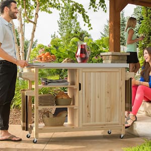 Solid Wood Outdoor Barbeque Cart Serving Bar with Wheels