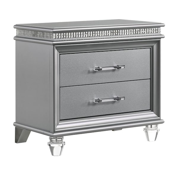 Furniture of America Litzler 2-Drawer Silver Nightstand (27 in. H x 29.5 in. W x 17.38 in. D)