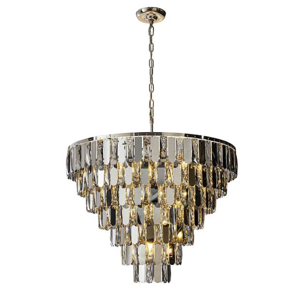 12-Light W28" Polished Nickel Modern and Contemporary 7-Tier Round Chandelier with Smoked Crystal and Stainless Steel