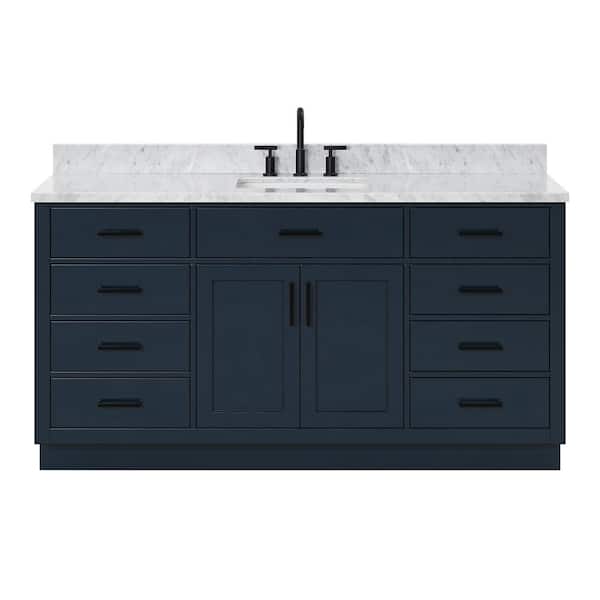 Hepburn 66 in. W x 22 in. D x 35.25 in. H Freestanding Bath Vanity in Midnight Blue with Carrara White Marble Top