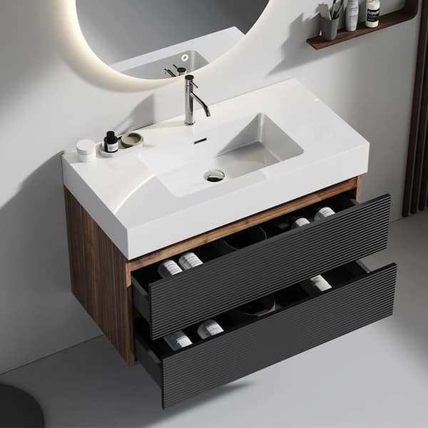 Aaby 36 in. W x 18 in. D Wall Mounted Floating Bath Vanity Cabinet in Black with White Solid Surface Top and Sink