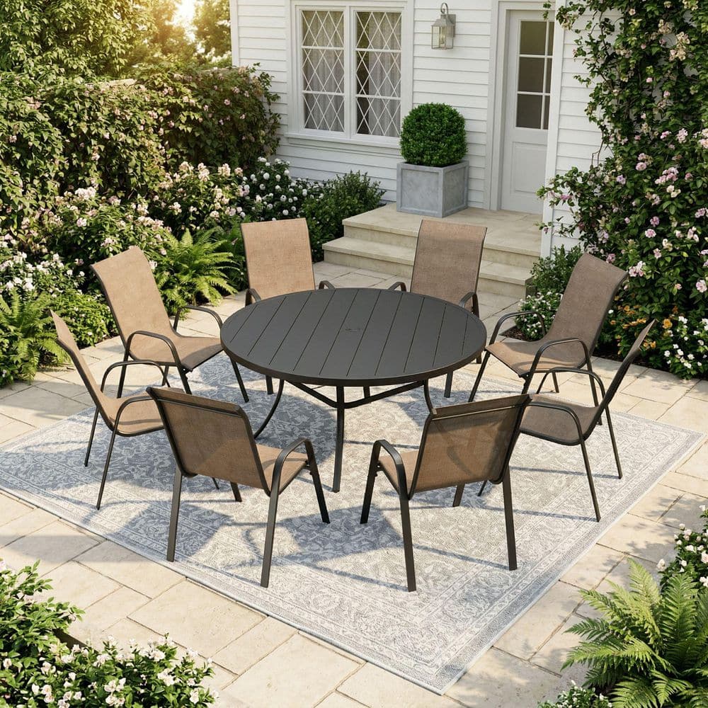 9-Piece Metal Outdoor Dining Set with 53 in. Black Round Dining Table and 8 Brown Stackable Textilene Chairs price history on PriceWatchPro