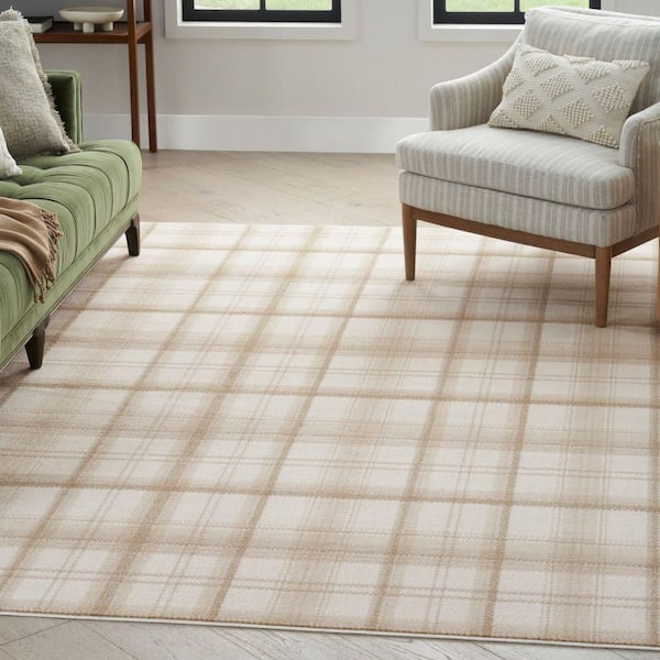 Grafix Ivory Beige 6 ft. x 9 ft. Plaid Contemporary Area Rug