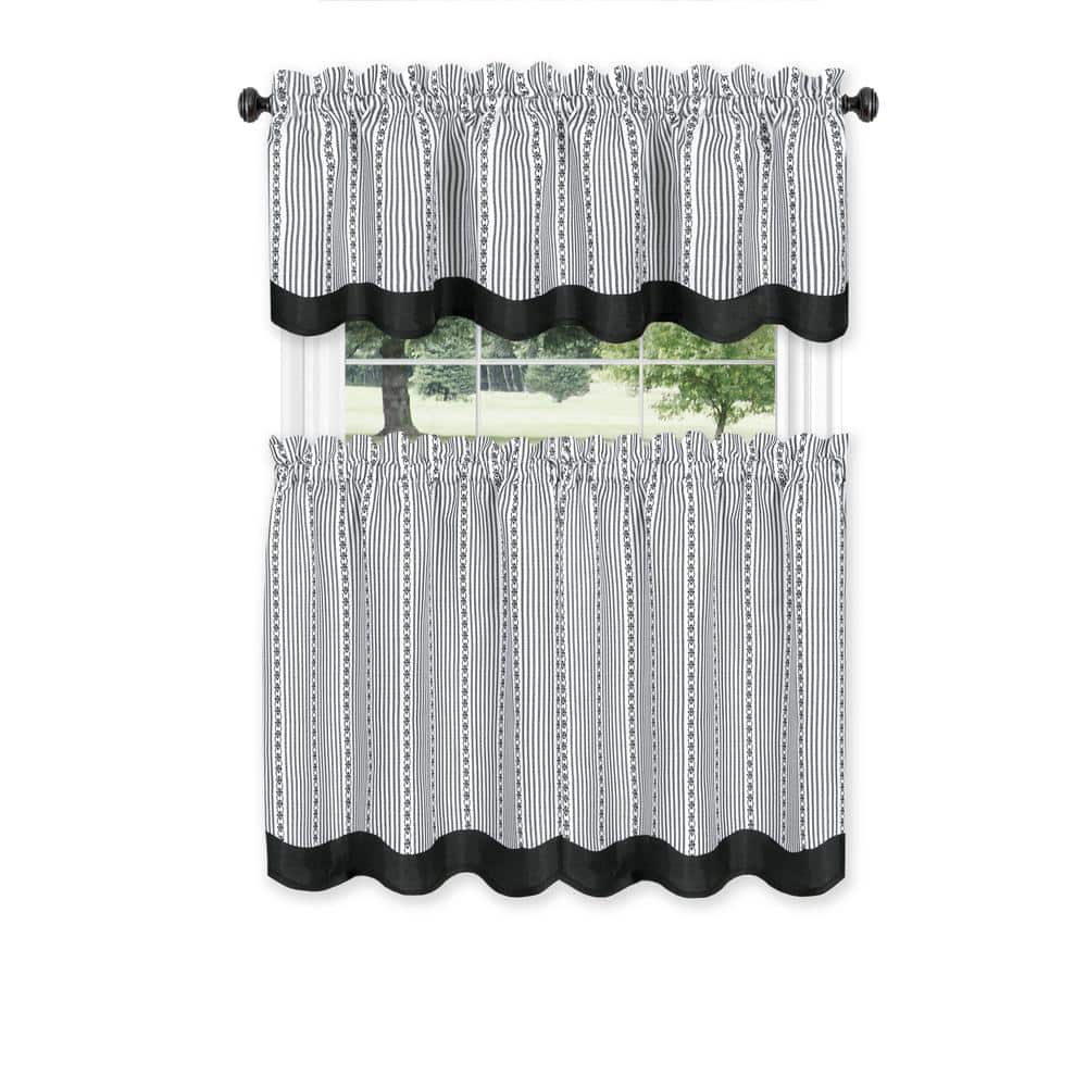 Black and White Polyester Tier Curtain and Valance Set