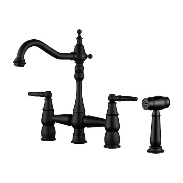 Vintage Double Handle Bridge Kitchen Faucet with Faucet-Side Sprayer in Matte Black