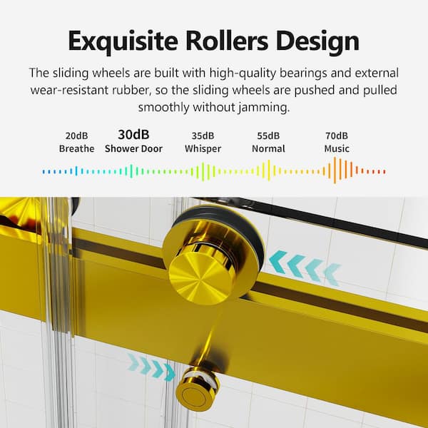 Reversible 56 to 60 in. W x 76 in. H Double Sliding Frameless Shower Door in Brushed Gold Finish with Tempered Glass