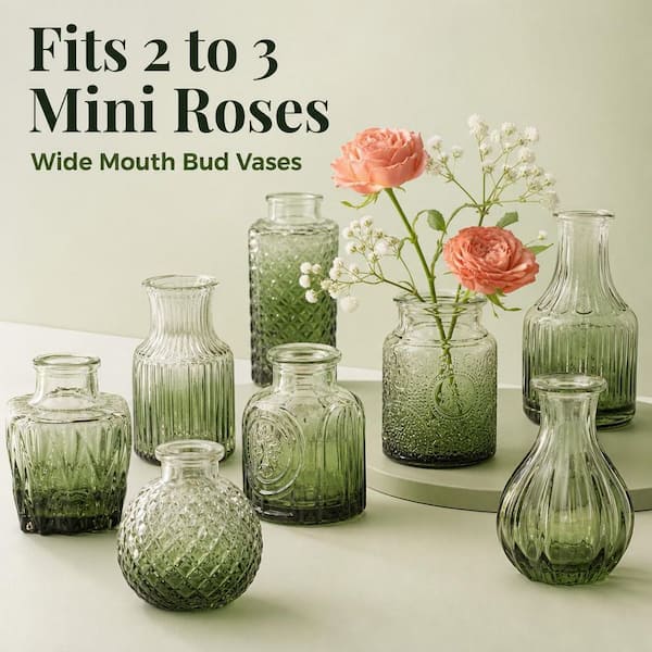 Angel Sar 3 in. Bottle Small Vintage Glass Decorative Vase, Multiple Shape Cute Glass Vases for Table and Home, Green (36-Pack)