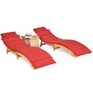 3-Piece Folding Eucalyptus Wooden Outdoor Patio Lounge Chair Set with Red Cushion and Foldable Side Table