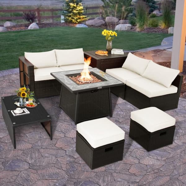 Brown 9-Piece Patio PE Wicker Sectional Set with 50000 BTU Fire Pit Table and White Cushions